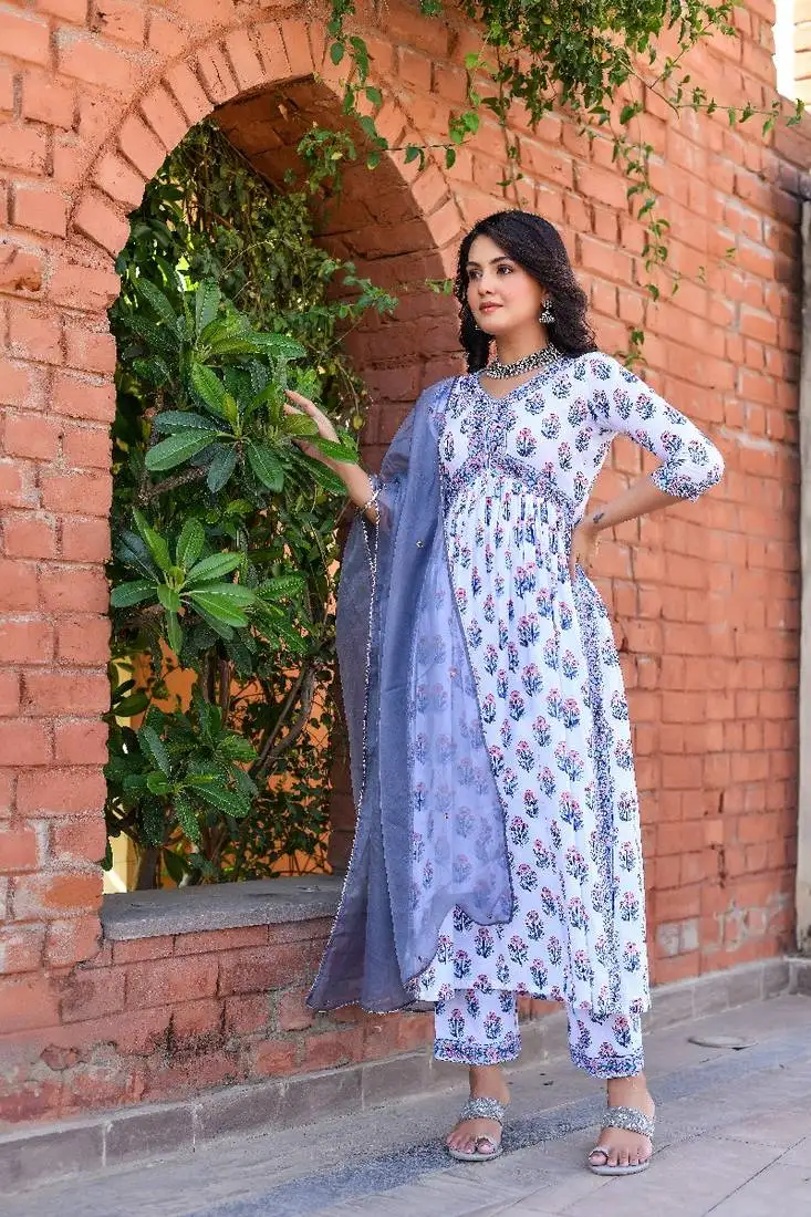 Star white & ice blue alia cut suit set with organza dupatta