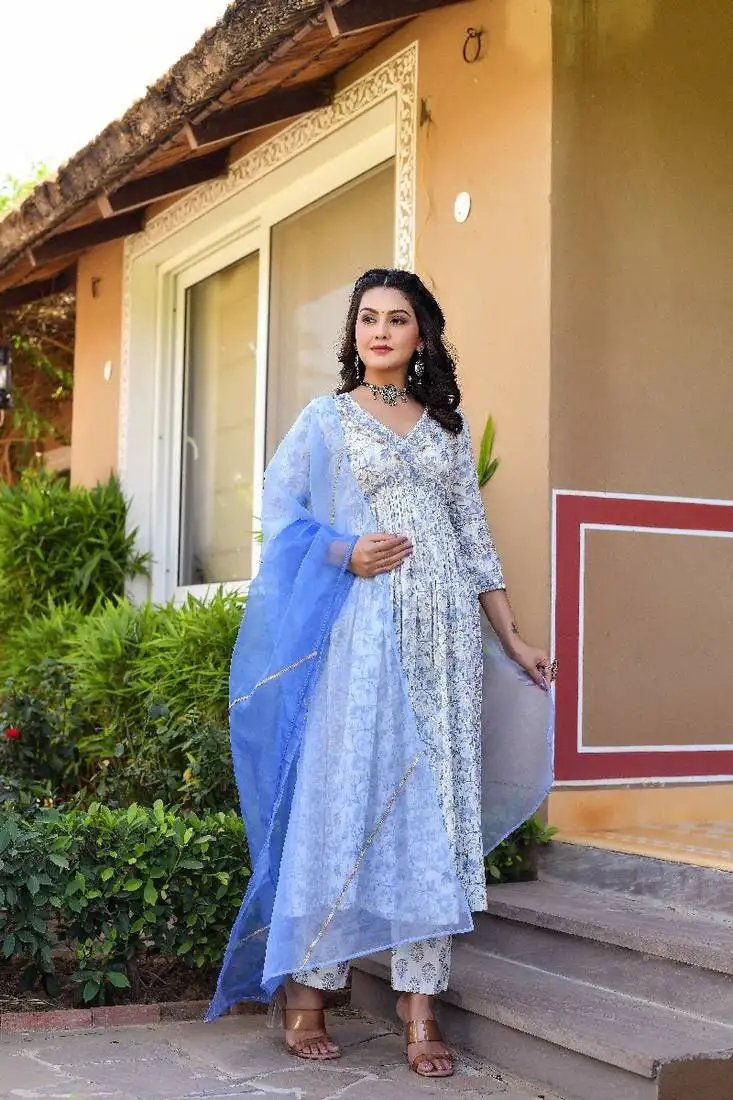 Powder blue & star white alia cut suit set with organza dupatta