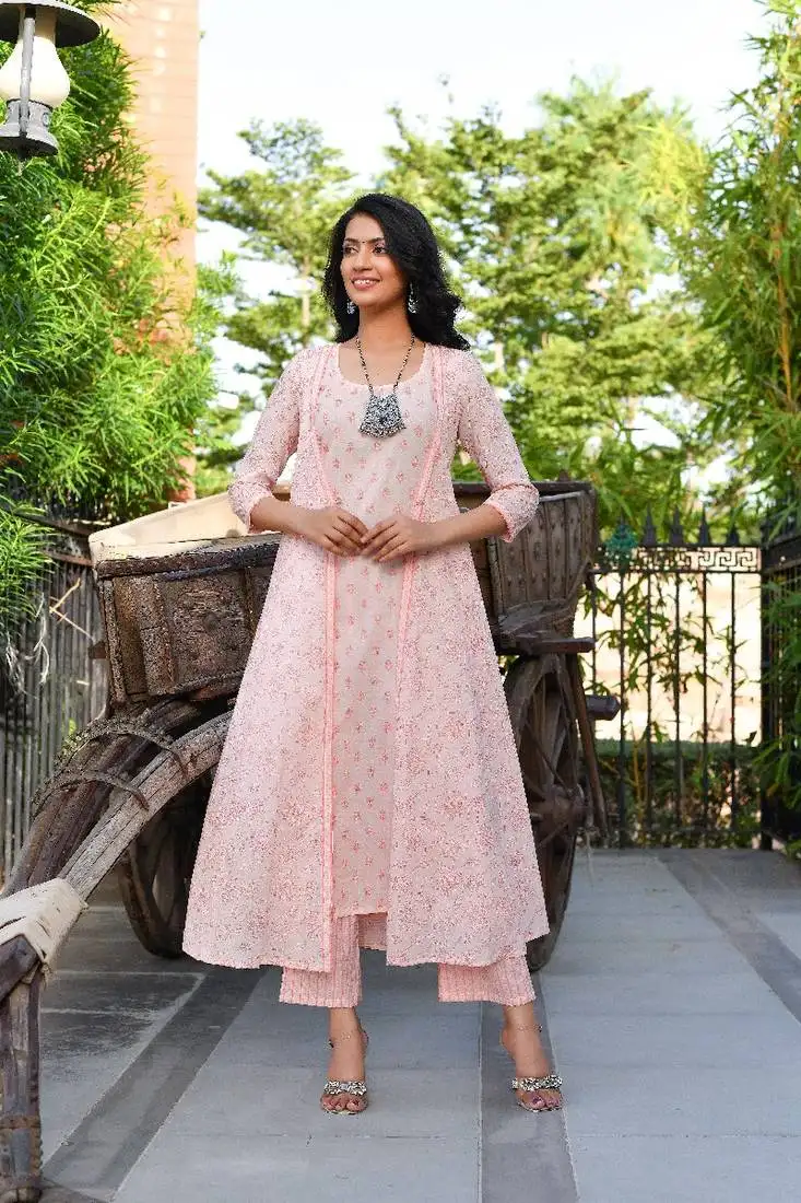 Pink a-line jacket kurta set