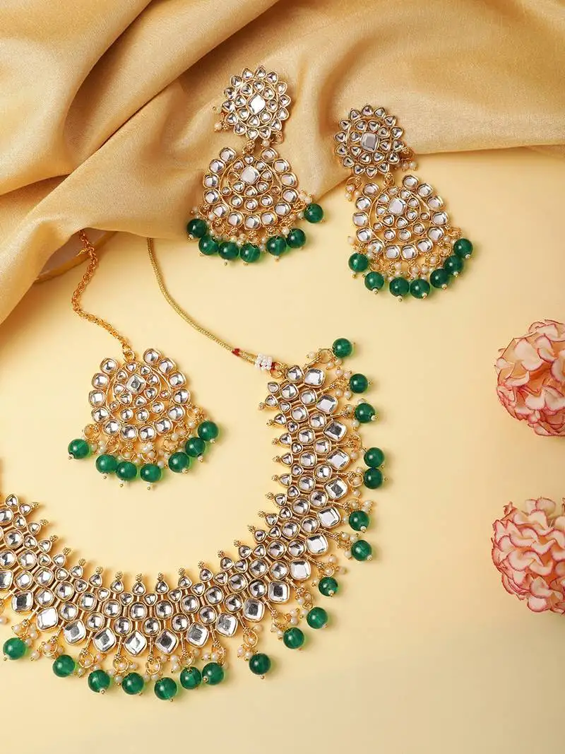 Green pearl kundan heavy indian choker set for women