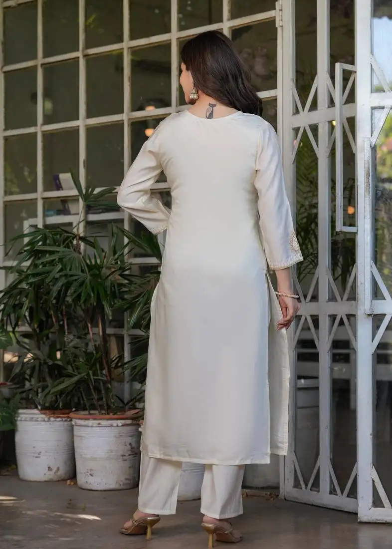 Beautiful embroidered viscose chanderi fabric straight kurta, pant and dupatta set