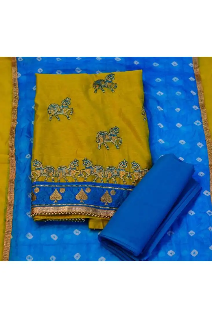 Green embroidered chanderi salwar with bandhani dupatta unstitched