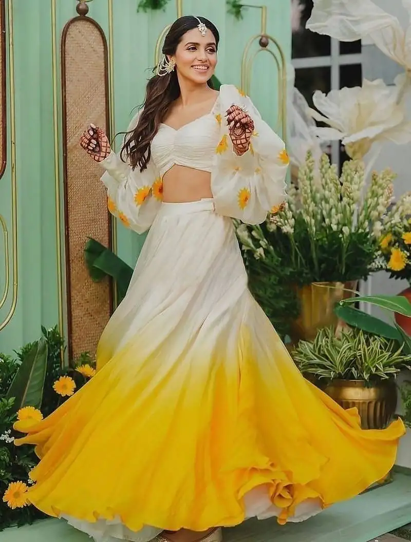 Yellow organza thread & sequins embroidery work lehenga choli
