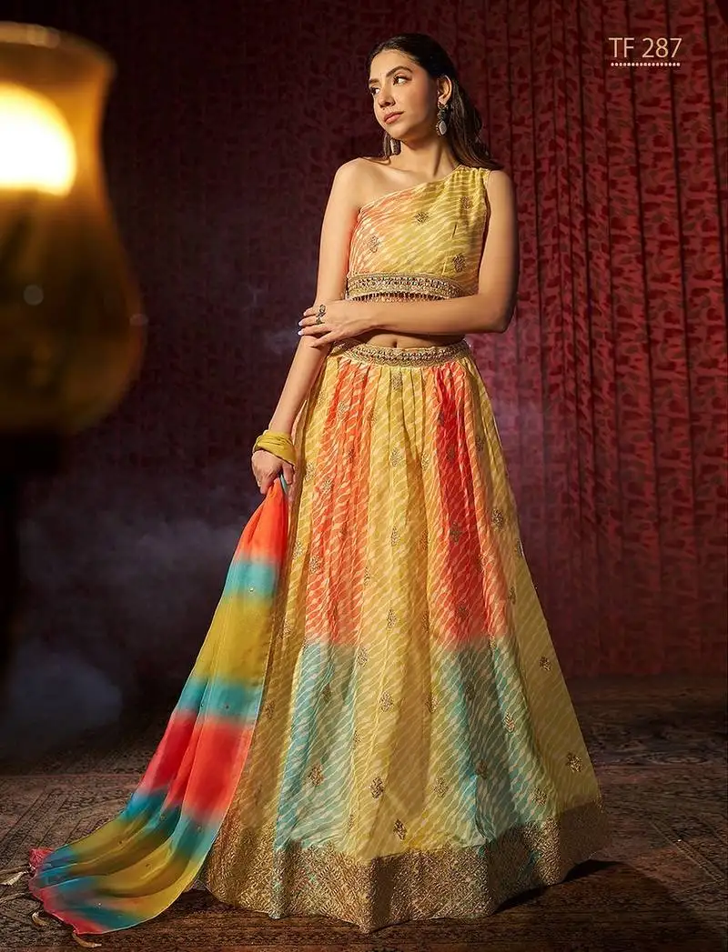 Yellow georgette embroidered lehenga choli with dupatta