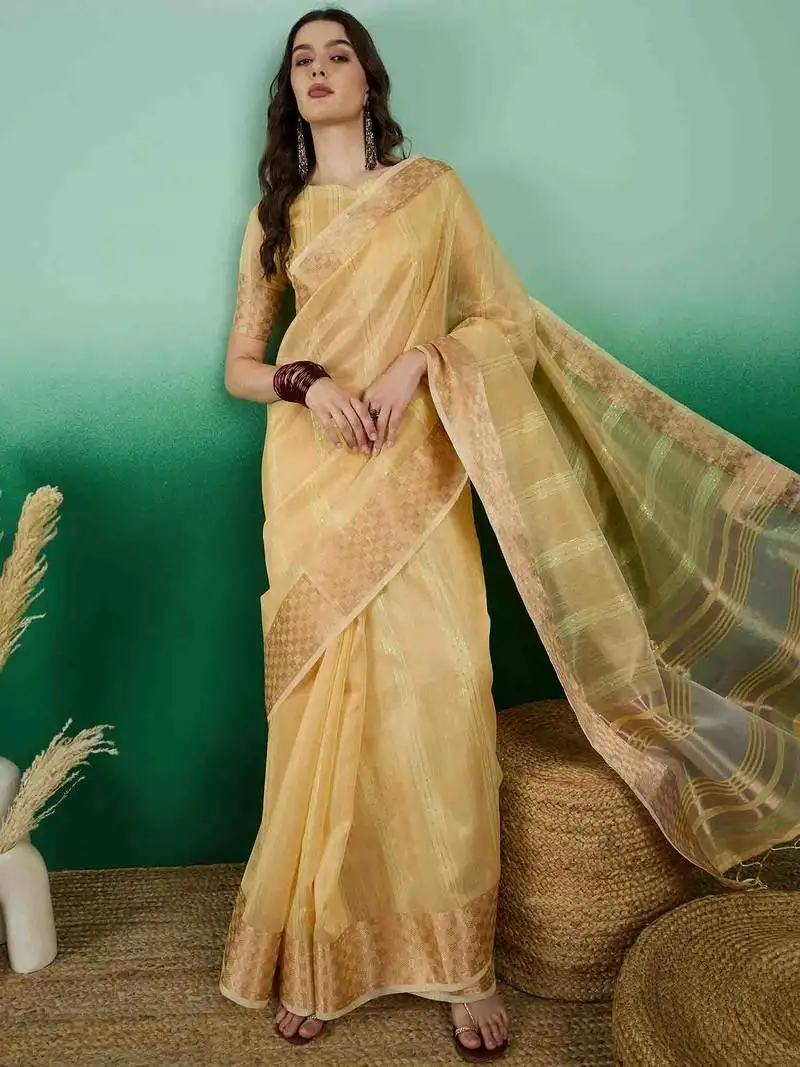 Yellow zari woven banarasi organza saree with unstitched blouse piece