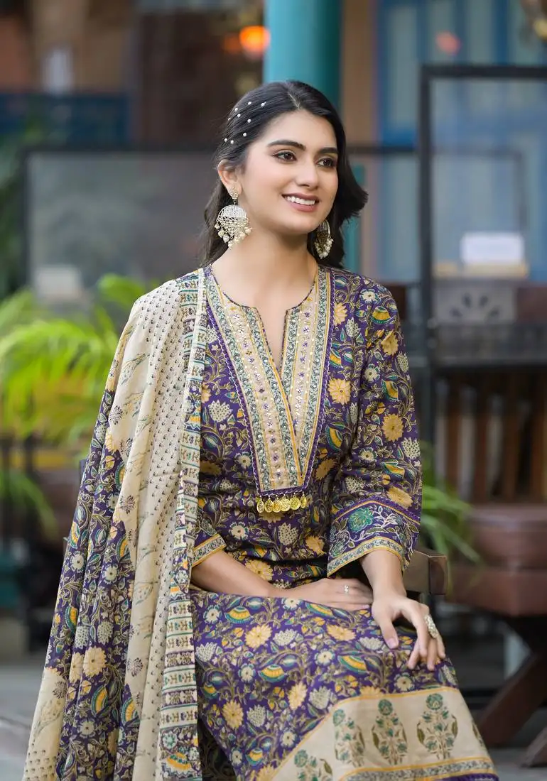 Aranya plum premium pure cotton suit set