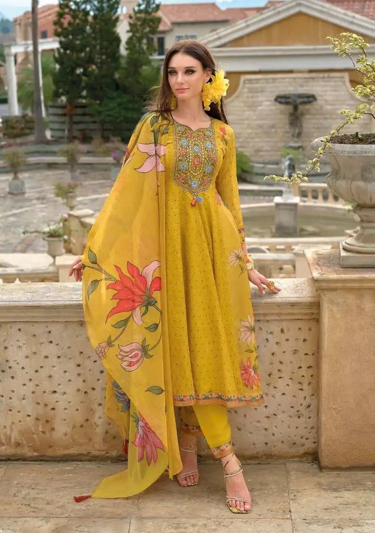 Amber schiffli anarkali full work cotton suit set