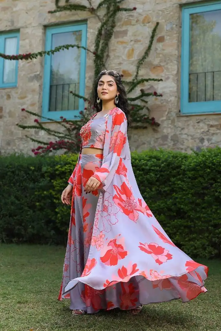 Orange grey coord set with jacket