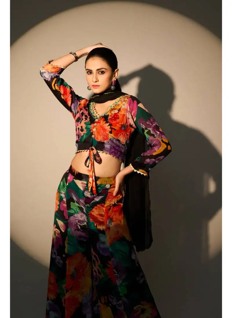 Black chinon crop top bottom and dupatta