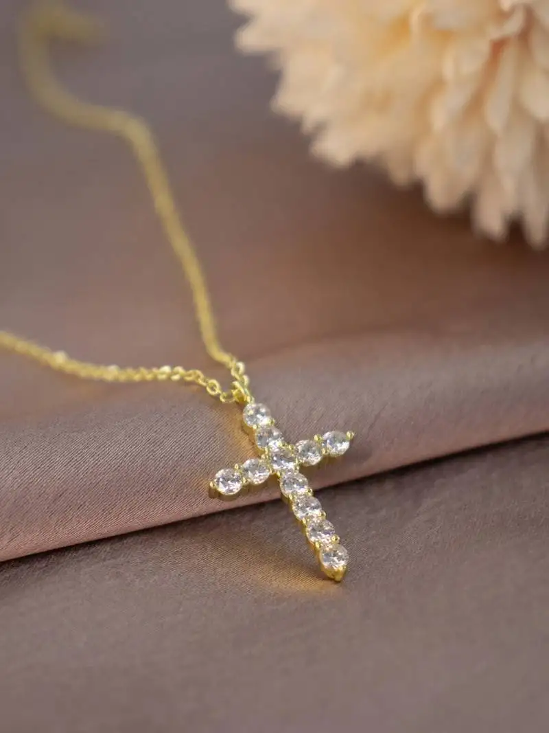 Gold plated cross pendant necklace with zircon stones| daily wear necklace