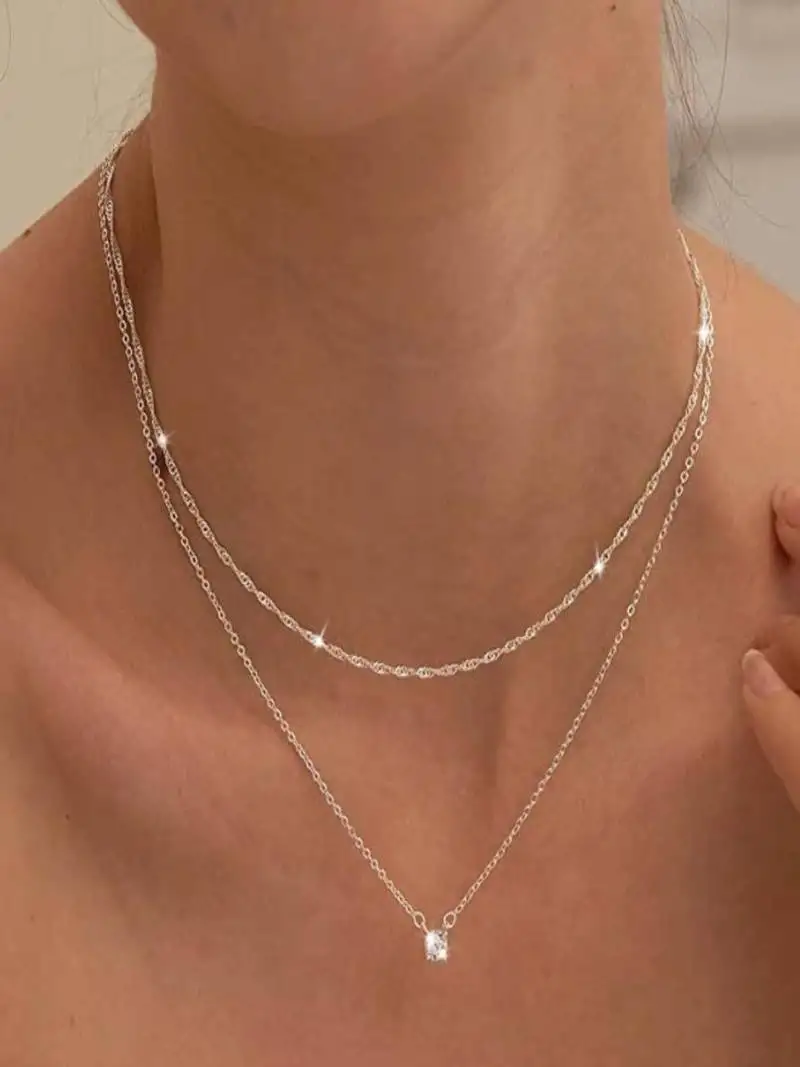 Silver plated layered necklace with zircon stone pendant | lightweight daily wear