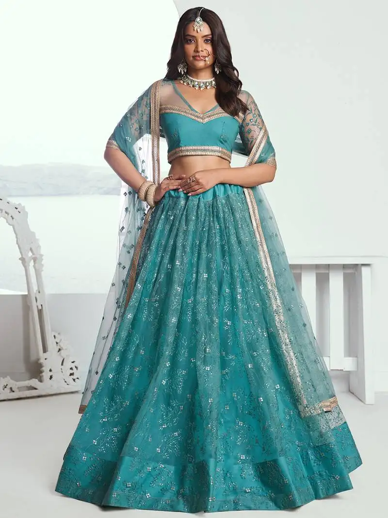 Aqua blue net thread and sequin work lehenga