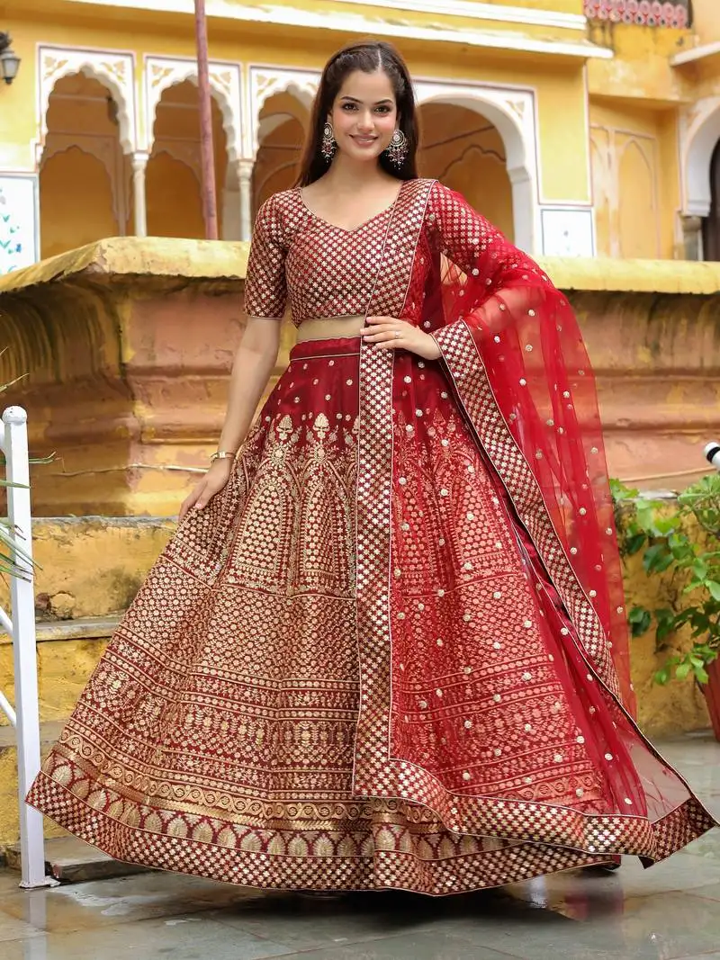 Beautiful maroon sequins raw silk bridal lehenga set