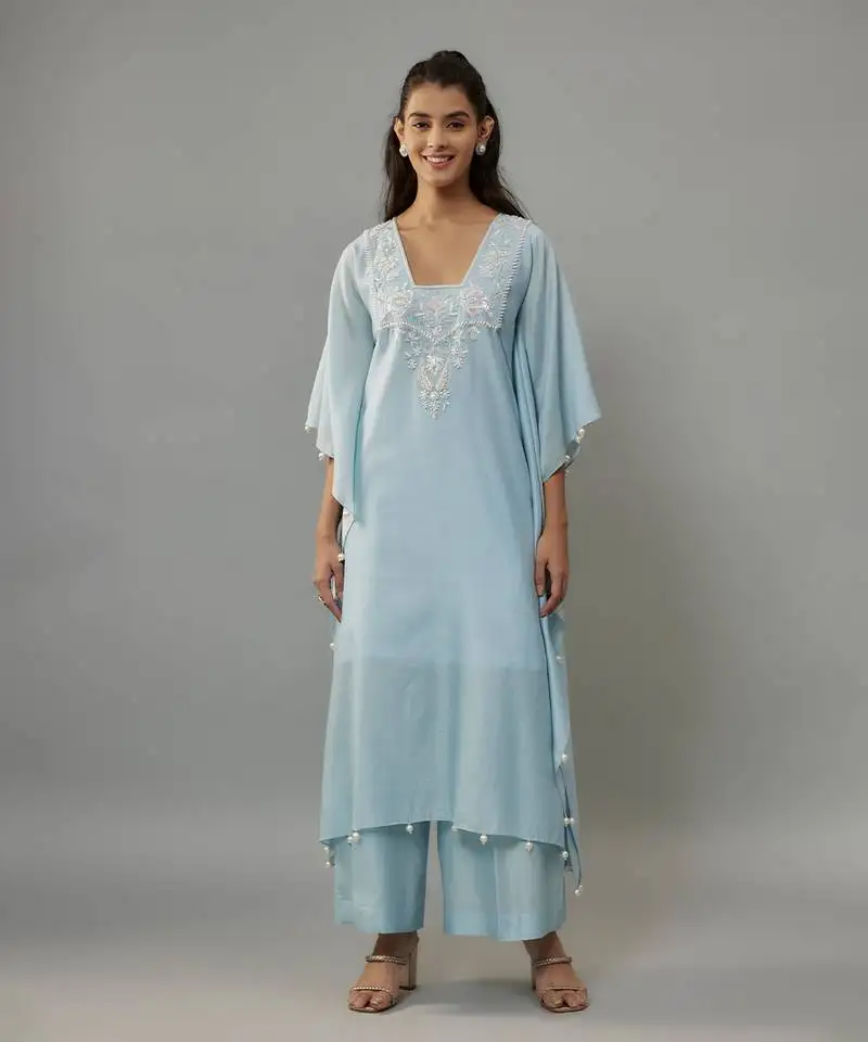 Alurra powder blue hand woven chanderi kaftan set with pearl embroidery