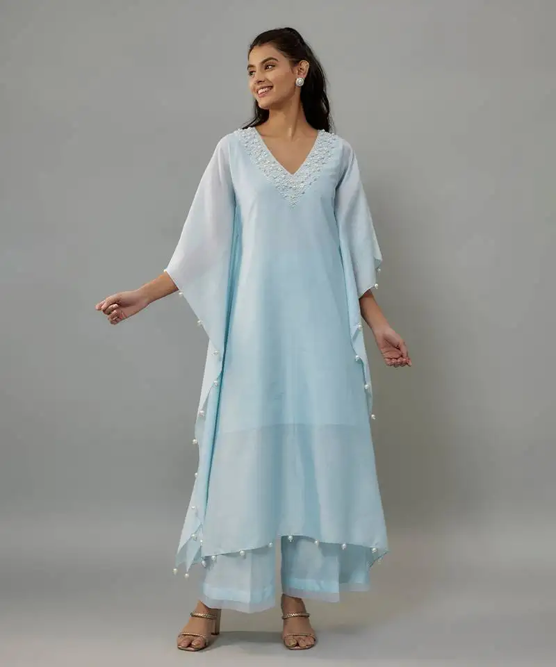 Yeva powder blue hand woven chanderi kaftan set with pearl embroidery