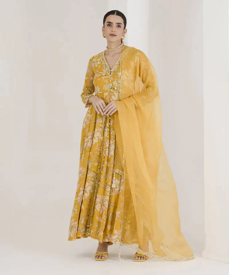 Yellow print hand embroidered anarkali set