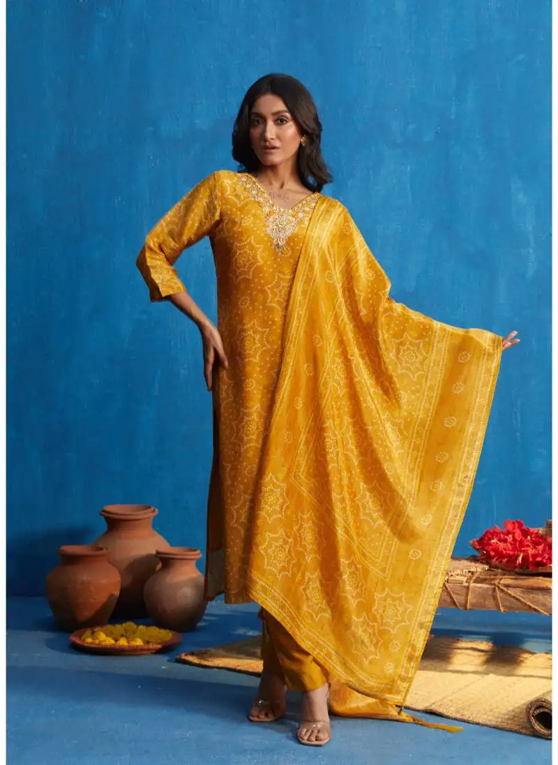 Yellow tissue kurti bottom dupatta set