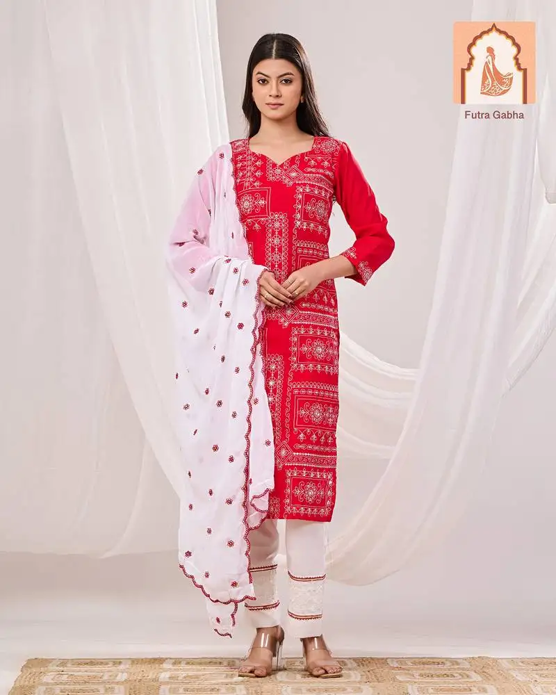 Red silk suit with thread embroidery  stitched
