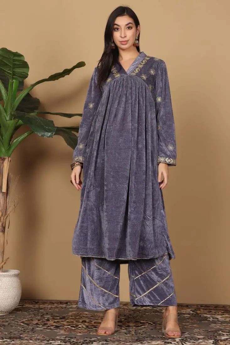 Grey velvet embroidered kurta palazzo set