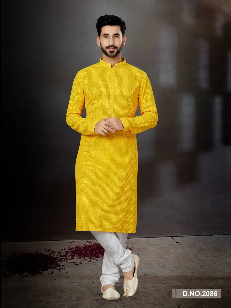 Yellow rayon full embroidered lucknowi chikankari kurta pajama set