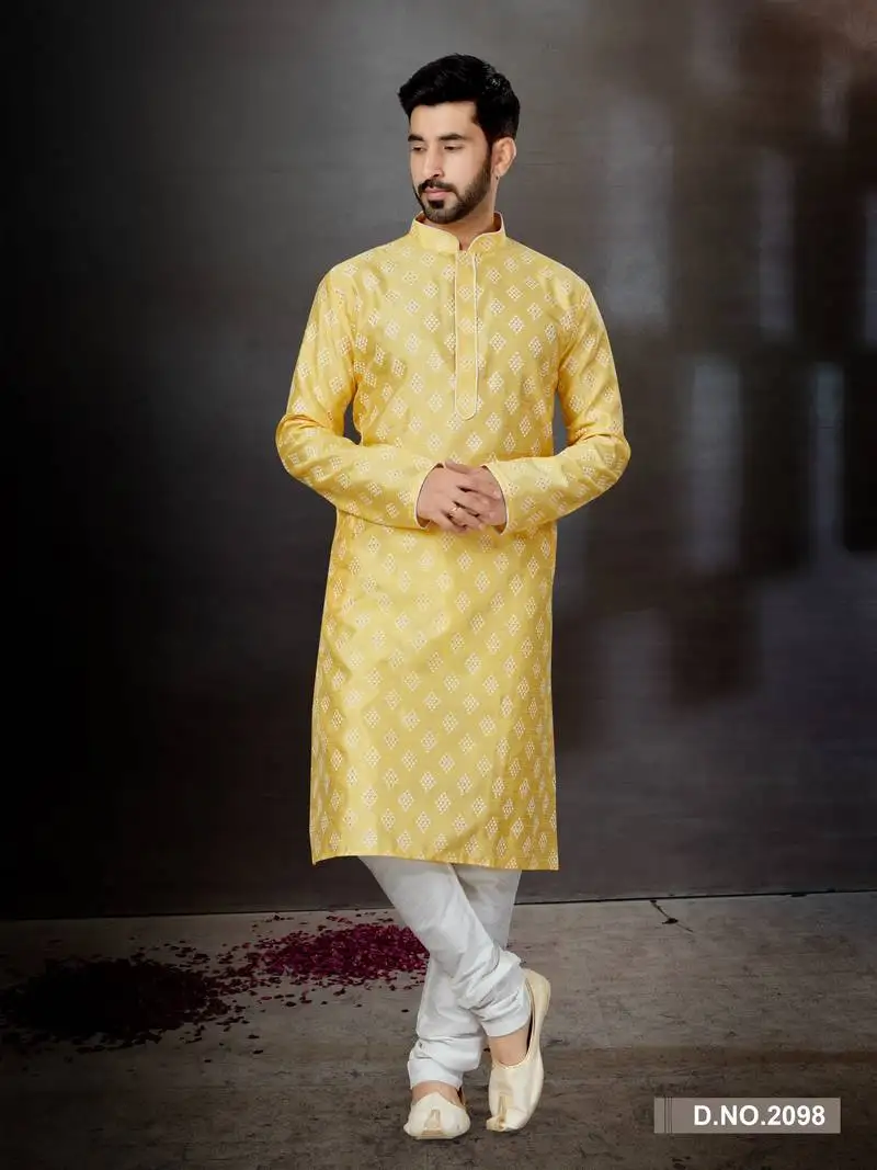 Yellow prined silk dupion kurta pajama set