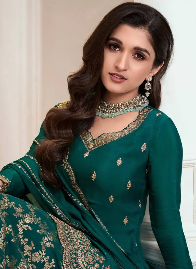 Aqua green chinon embroidered palazzo suit stitched