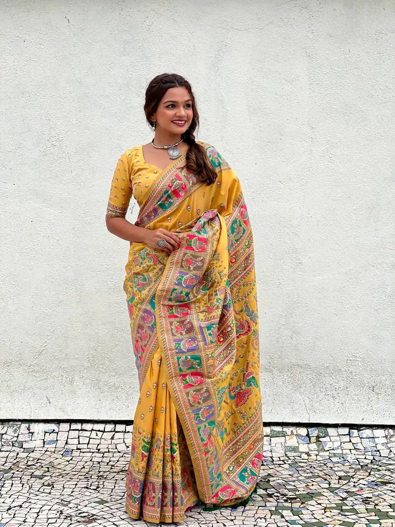 Yellow pashmina kashmiri zari woven saree