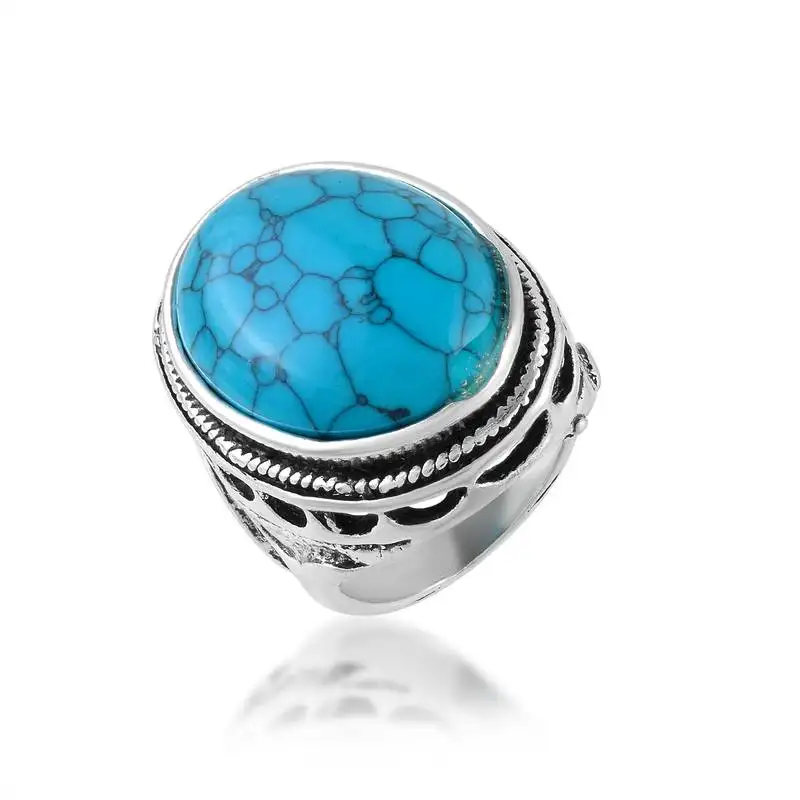 Brass antique silver big heavy turquoise firoza finger ring