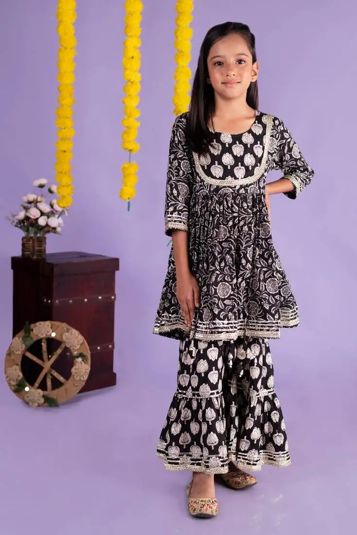 Black embellished 3 dori kurti with sharara