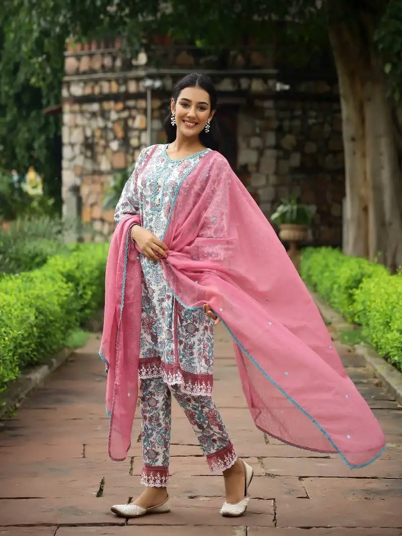 White & purple block printed cotton suit set