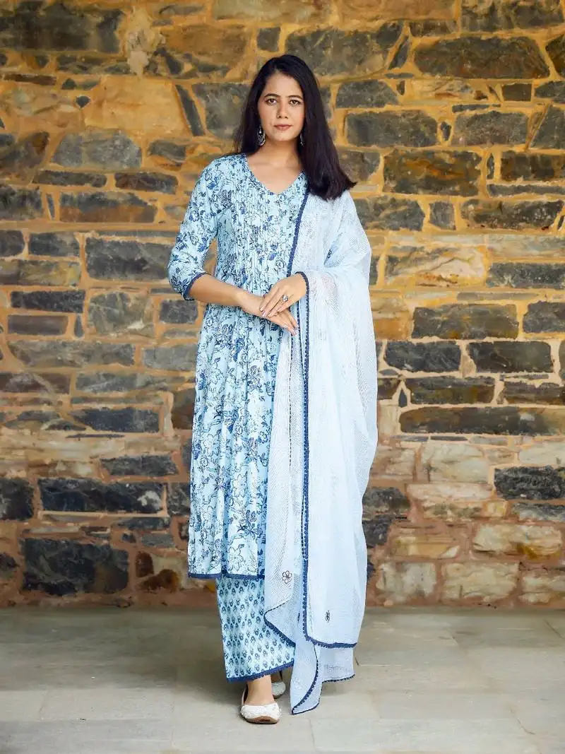 Aqua & blue block printed cotton suit set