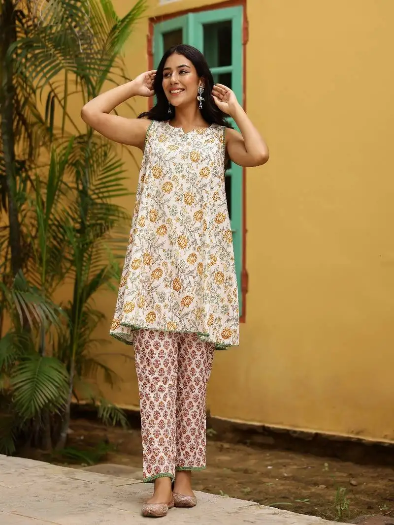 White & yellow block printed cotton cord set