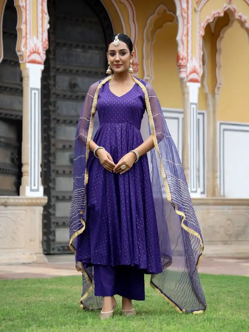 Violet gota work lurex anarkali suit set
