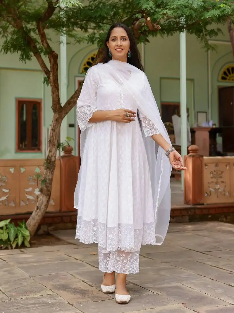 White lace dobby cotton anarkali suit set