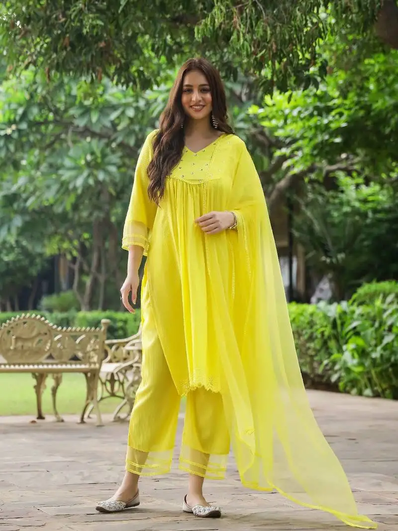 Yellow sequence work dobby suit set