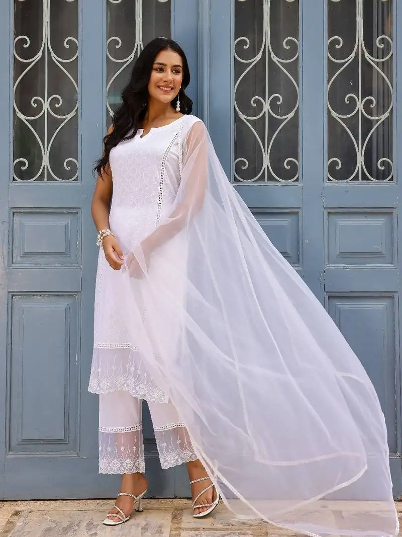 White dobby cotton straight suit set