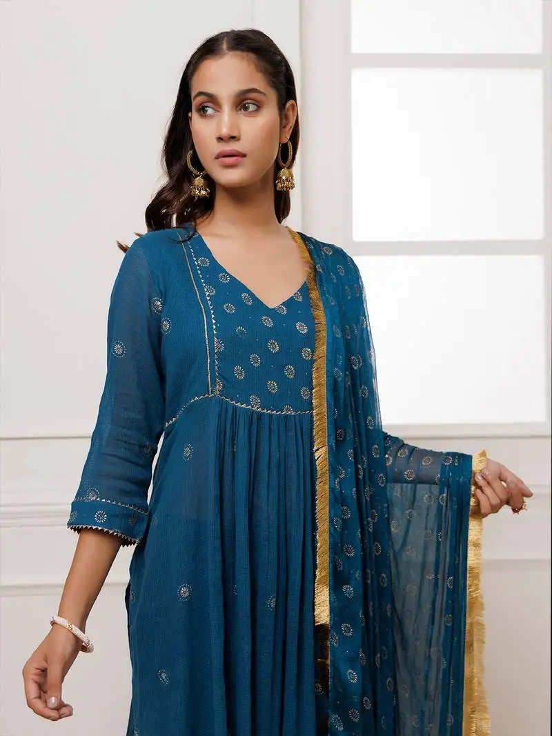 Teal blue rogan print suit set