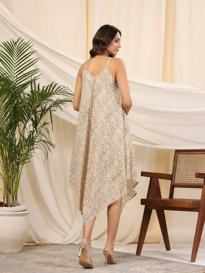 Yellow handblock printed baisa cotton dress