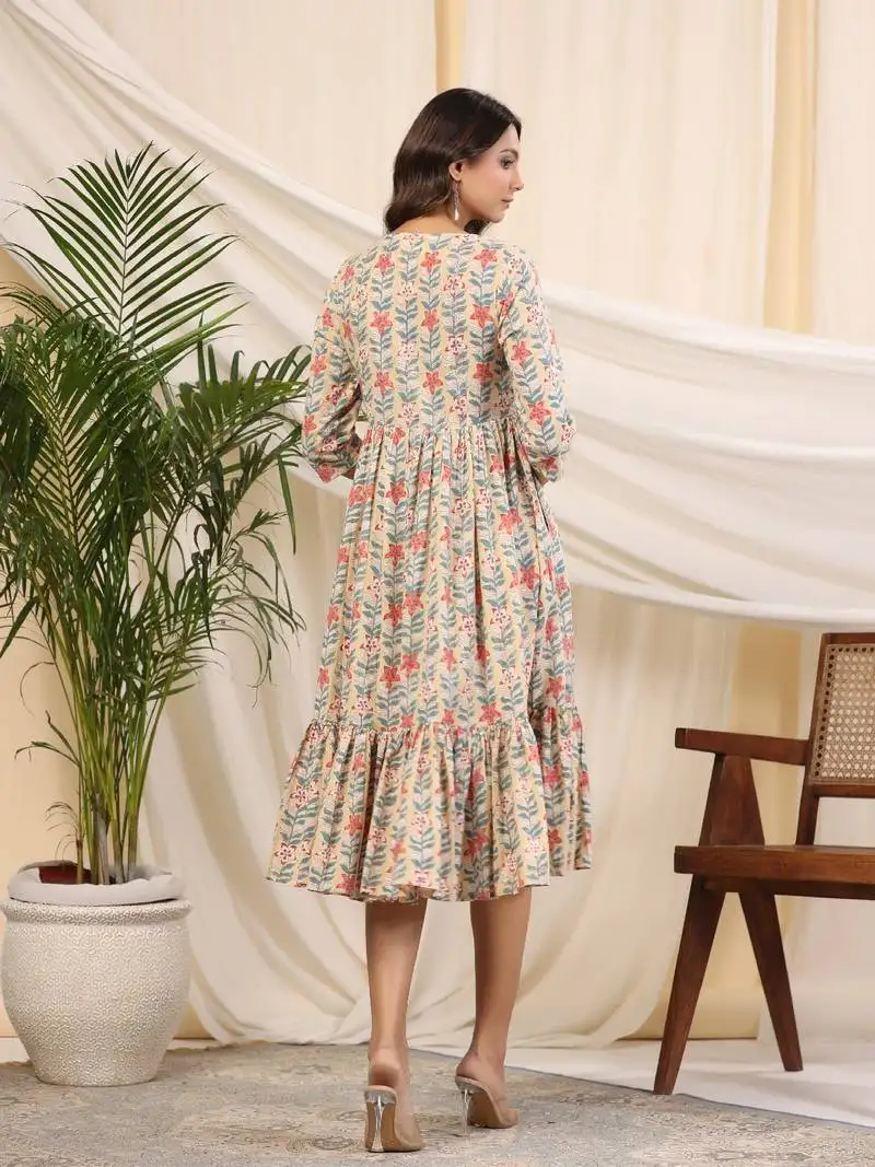 Yellow handblock printed cotton baisa dress