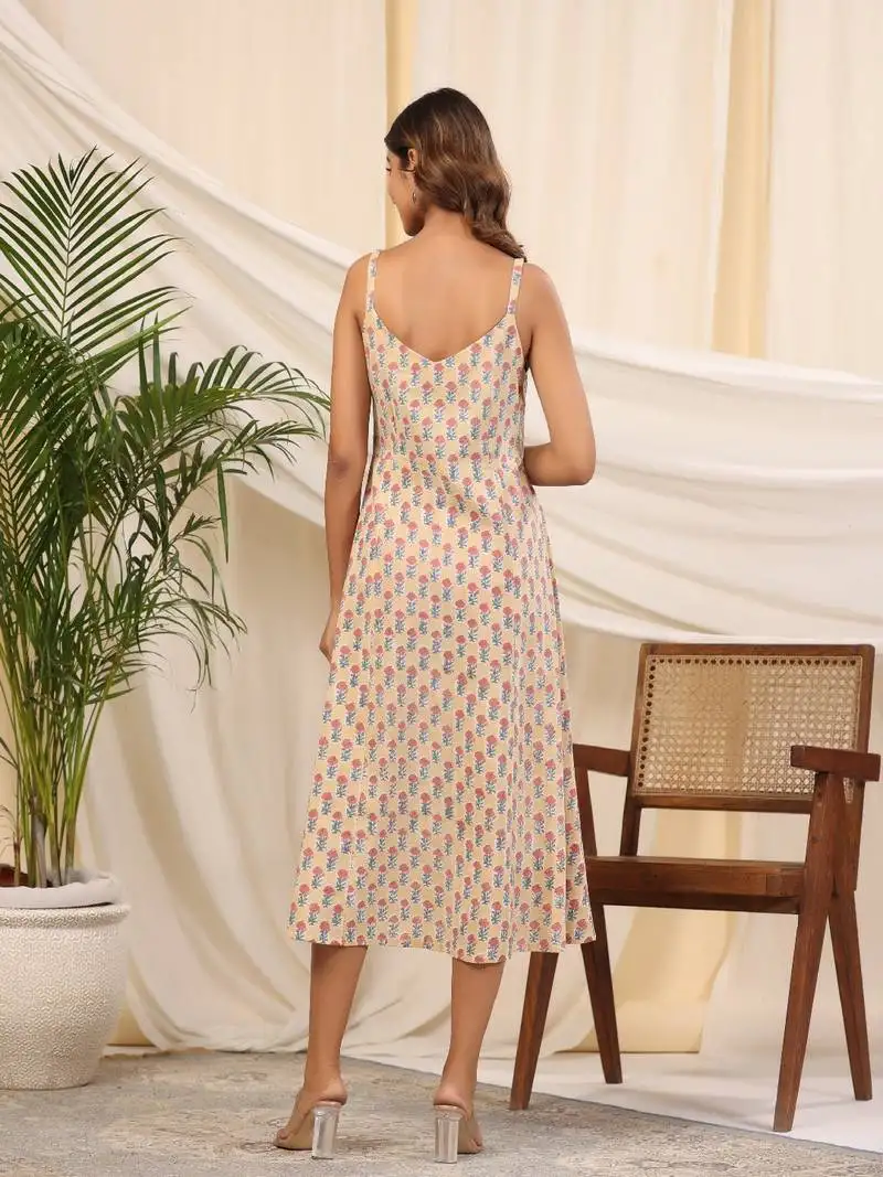 Yellow handblock baisa printed cotton dress