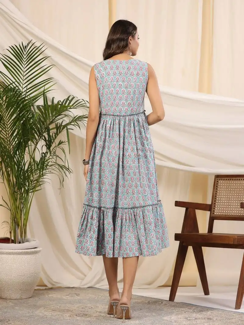 Aqua blue handblock printed cotton dress