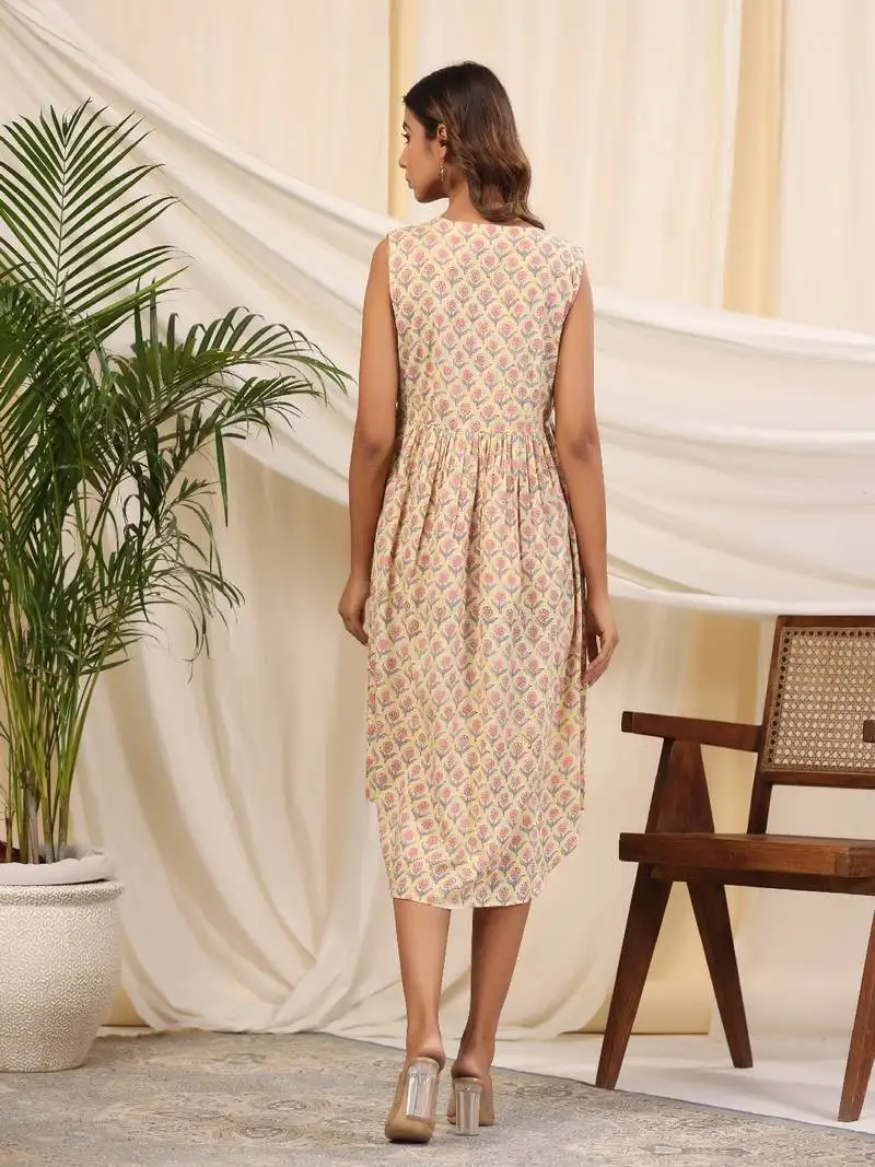 Yellow baisa handblock printed cotton dress