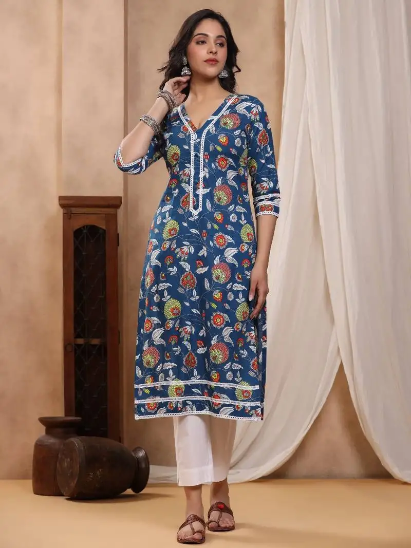 Bahaar blue block print kurti with crochet lace