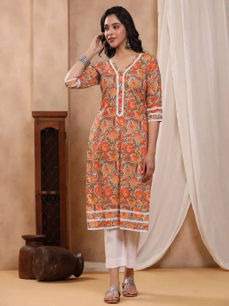 Bahaar mint green block print kurti with crochet lace