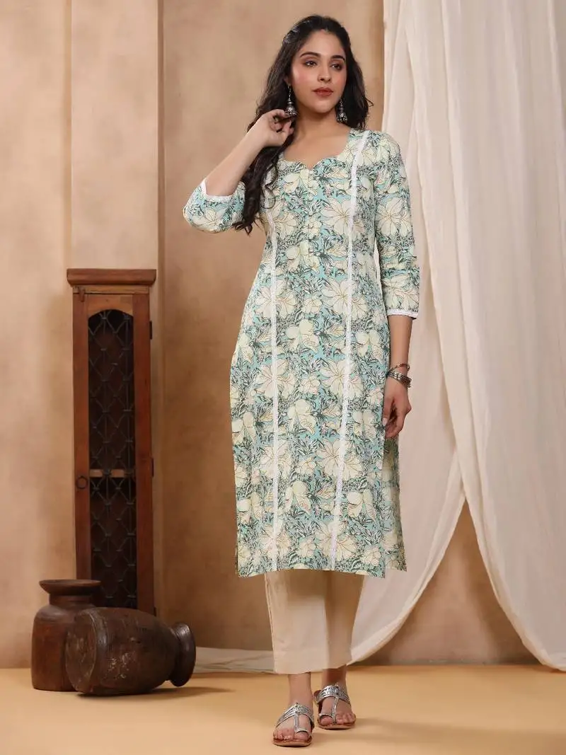 Bahaar teal block print kurti with crochet lace