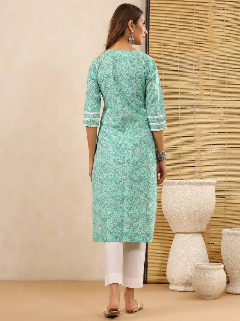 Bahaar sea green block print kurti with crochet lace