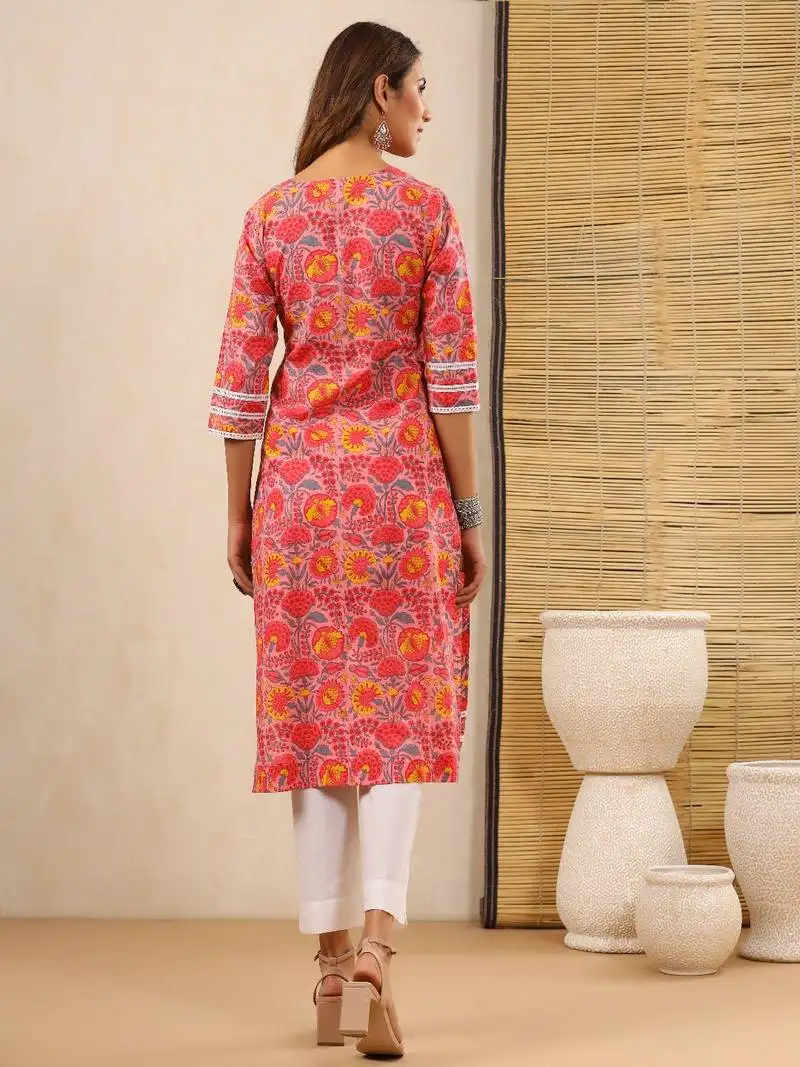 Bahaar pink block print kurti with crochet lace