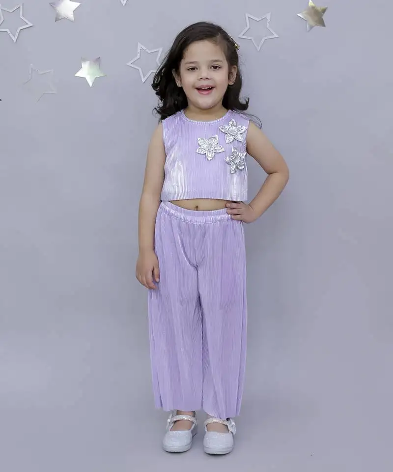 3d flower top and straight pant co-ord set for girls - lavender