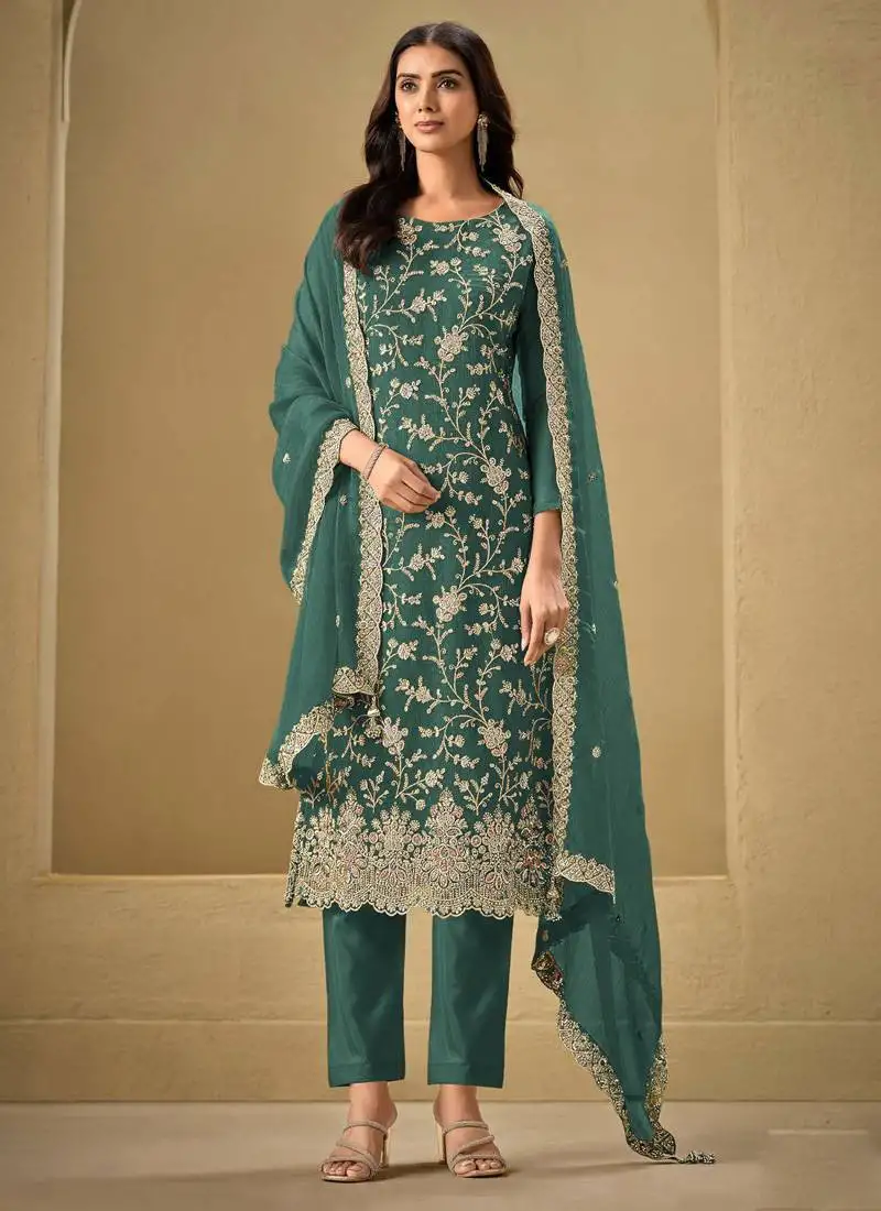 Aqua blue chinon sequence embroidered salwar suit semi stitched
