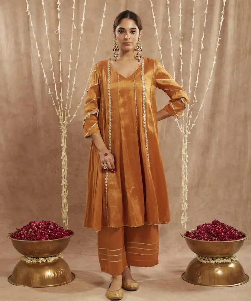 Amber floral gota tissue anarkali with wide leg pants